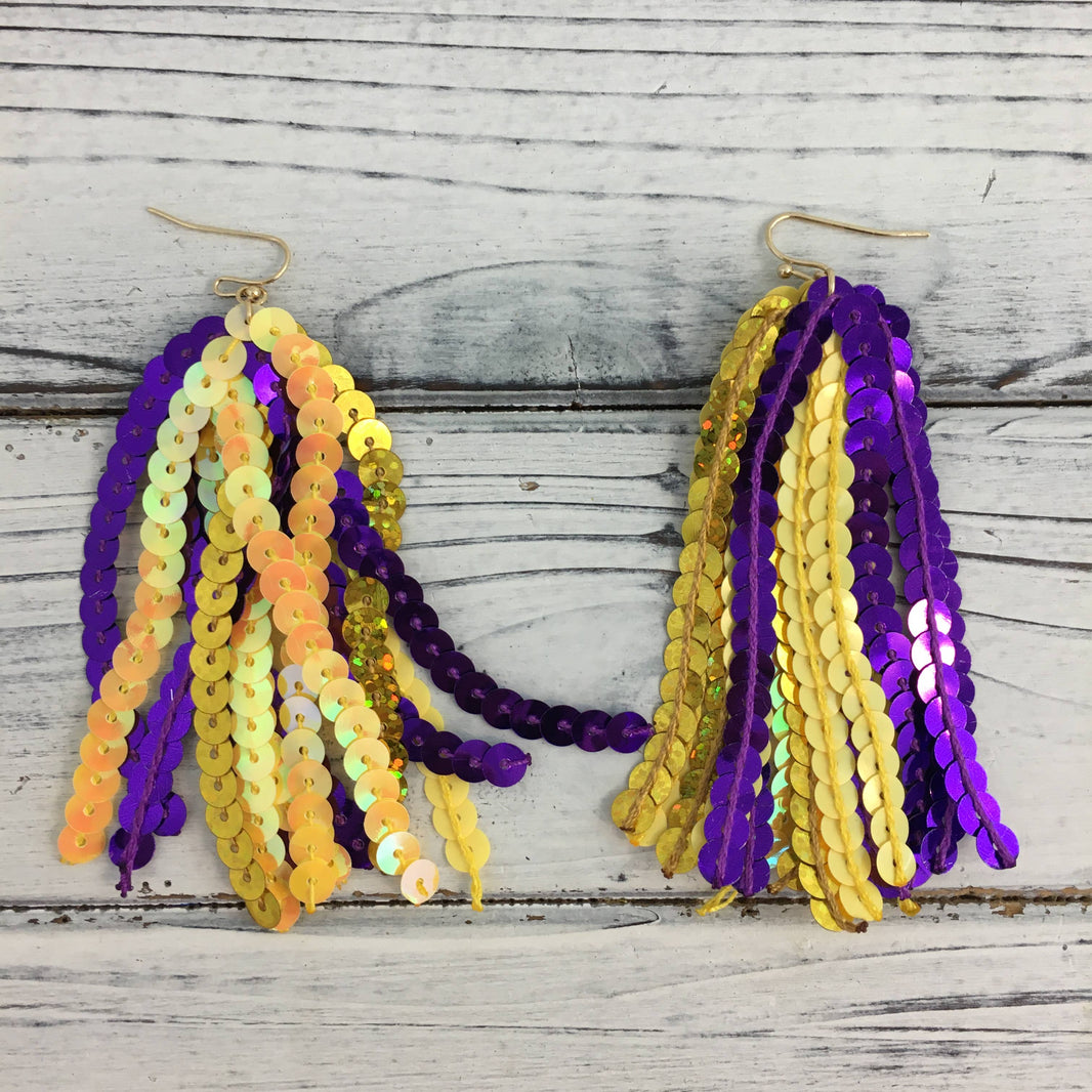Purple and gold sequin tassel earrings 