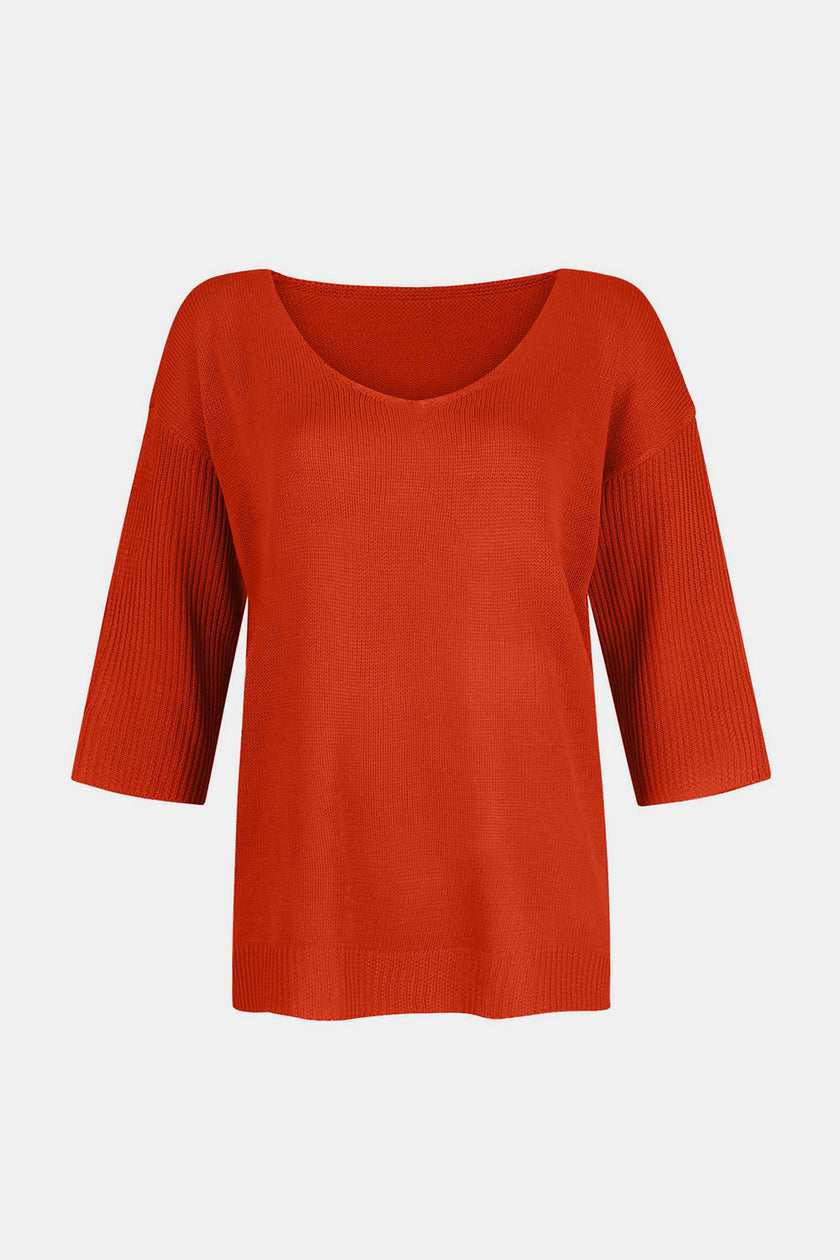 V-Neck Three-Quarter Sleeve Knit Top
